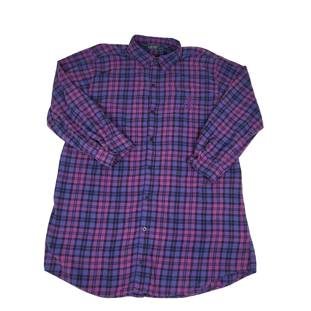 Lauren Ralph Lauren Women’s Large Plaid Flannel Shirt Purple Pink Button Front